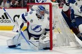 Tampa Bay Lightning goaltender Andrei Vasilevskiy (88) defends the goal against the Colorado Avalanche.