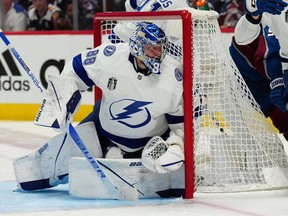 Tampa Bay Lightning goaltender Andrei Vasilevskiy (88) defends the goal against the Colorado Avalanche.