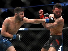 Julio Arce lands a punch against Dan Ige in their Featherweight fight during UFC 220 at TD Garden on January 20, 2018 in Boston, Massachusetts.