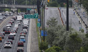 Traffic on the eastbbound QEW is a nightmare thanks to ActiveTO road closures along Lake Shore Blvd W., between Windermere Ave. and Stadium Rd., as seen here on Sunday, Aug. 1, 2021.