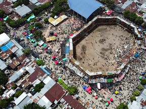 Aerial view of the collapsed grandstand in a bullring in the Colombian municipality of El Espinal, southwest of Bogotá, on June 26, 2022.