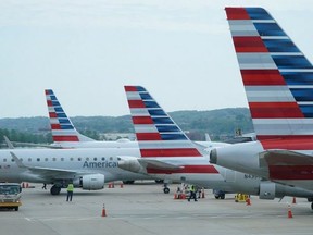 American Airlines jets are pictured at Washington's Reagan National airport on April 29, 2020.
