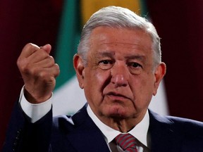 Mexico's President Andres Manuel Lopez Obrador gestures during a news conference at the National Palace in Mexico City, June 20, 2022.