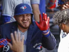 Blue Jays catcher Alejandro Kirk (30) celebrates with teammates after hitting a solo home run against the Chicago White Sox.
USA TODAY Sports