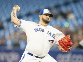 Blue Jays starting pitcher Alek Manoah throws a pitch against the Chicago White Sox during the first inning at Rogers Centre on Thursday, June 2, 2022.