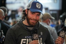 Tampa Bay Lightning centre Brayden Point speaks to the media on Tuesday at Ball Arena.