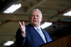 Ontario Premier Doug Ford speaks as he visits the production facilities of Honda Canada. Manufacturing in Alliston, March 16, 2022.