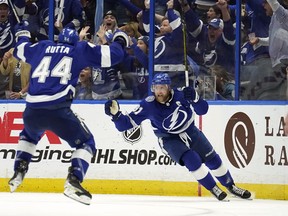 Tampa Bay Lightning center Steven Stamkos celebrates his goal against the New York Rangers with defenceman Jan Rutta (44) during the third period in Game 6 of the Eastern Conference final Saturday, June 11, 2022, in Tampa, Fla.