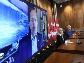 An image of Niagara Falls is seen behind Niagara Falls, Ont. Mayor Jim Diodati as he appears via video conference alongside Barbara Barrett, executive director of the Frontier Duty Free Association, and NDP MP for South Okanagan—West Kootenay Richard Cannings, right, during a news conference as leaders and businesses in border communities speak out against the federal government’s vaccination requirements at land borders, in Ottawa, on Wednesday, June 15, 2022.