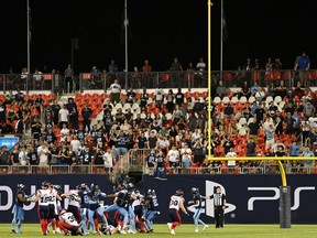 Montreal Alouettes kicker David Cote (15) sends his potential game-winning field goal wide left during second half CFL football action against the Toronto Argonauts in Toronto Thursday, June 16, 2022.