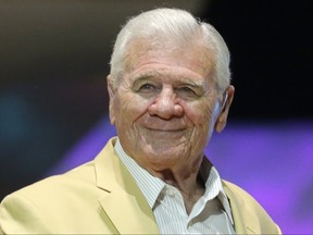 Hugh McElhenny is introduced before the inaugural Pro Football Hall of Fame Fan Fest ,Friday, May 2, 2014, at the International Exposition Center in Cleveland.