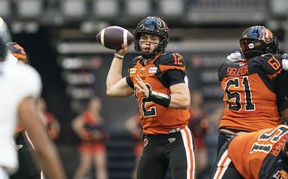 BC Lions quarterback Nathan Rourke throws a pass during first half of CFL football action against the Toronto Argonauts in Vancouver, B.C., Saturday, June 25, 2022. THE CANADIAN PRESS/Rich Lam