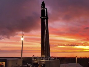 Rocket Lab's Electron rocket waits on the launch pad on the Mahia peninsula in New Zealand, Tuesday, June 28, 2022.