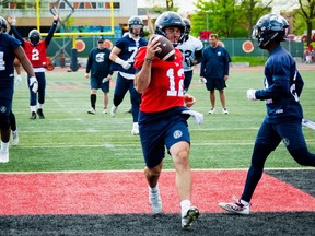Second-string QB Chad Kelly, here running the ball into the end zone during a training camp drill, will now get that opportunity during the regular season after Austin Simmons and the Argos failed to find the end zone on three tries from the Lions’ one-yard line last week in B.C.