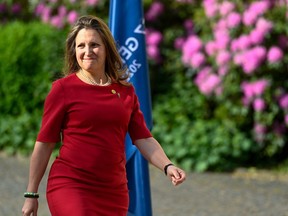 Canada's Finance Minister Chrystia Freeland arrives for a meeting of finance ministers and central bankers from the Group of Seven industrialized nations (G7) on May 19, 2022 at the Petersberg in Koenigswinter near Bonn, western Germany.