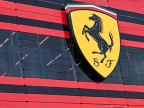The logo of Ferrari is seen in the headquarters as CEO Benedetto Vigna unveils the company's new long term strategy, in Maranello, Italy, June 15, 2022.