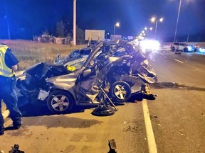 One of three vehicles involved in a deadly crash on the QEW in Mississauga on Thursday, June 16, 2022.