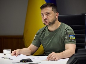Ukraine's President Volodymyr Zelenskyy attends a working session of G7 leaders via video link, as Russia's attack on Ukraine continues, in Kyiv, Ukraine June 27, 2022.