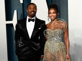 Actor Michael B. Jordan and model Lori Harvey attend the 2022 Vanity Fair Oscar Party following the 94th Oscars at the The Wallis Annenberg Center for the Performing Arts in Beverly Hills, Calif., on March 27, 2022.