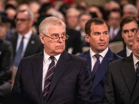 Prince Andrew, Duke of York takes his seat at Westminster Abbey for the Service of Thanksgiving for the Duke of Edinburgh on March 29, 2022 in London, England. (Photo Richard Pohle - WPA Pool/Getty Images)