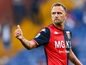 Domenico Criscito of Genoa reacts during the Serie A match between Genoa CFC and Bologna Fc at Stadio Luigi Ferraris on May 21, 2022 in Genoa, Italy.
