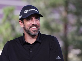 Aaron Rodgers takes part in the Bleacher Report Hot Seat Press Conference prior to Capital One's The Match VI - Brady & Rodgers v Allen & Mahomes at Wynn Golf Club on June 01, 2022 in Las Vegas, Nevada.
