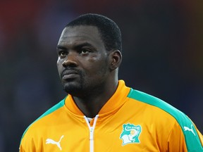 Sylvain Gbohouo of The Ivory Coast stands for the national anthem prior to the International Friendly match between France and Ivory Coast held at Stade Felix Bollaert Deleis on November 15, 2016 in Lens, France.