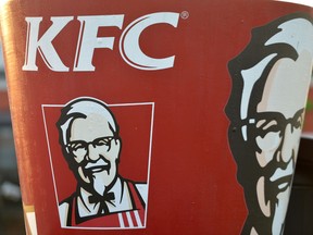 Picture taken on January 25, 2016, shows the Kentucky Fried Chicken logo at a KFC restaurant.