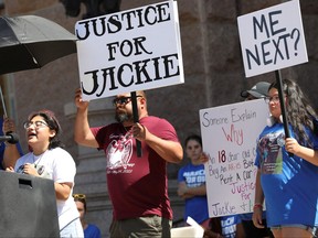 Jazmin Cazares, 17, left, the sister of Jackie Cazares who was killed in Robb Elementary School shooting, talks about the day she lost her sister, during a "March for Our Lives" rally, one in a series of nationwide protests against gun violence, in Austin, Texas, June 11, 2022. On her right is her father, Javier Cazares, who came to the rally with other family members.