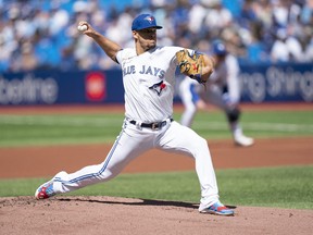 Toronto Blue Jays starting pitcher Jose Berrios throws a pitch against the Minnesota Twins during the first inning at Rogers Center, June 4, 2022.
