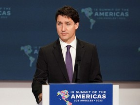 Prime Minister Justin Trudeau speaks during the Leaders' Second Plenary Session during the Ninth Summit of the Americas in Los Angeles, June 10, 2022.
