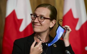 Karina Gould, Minister of International Development, holds a press conference in Ottawa on Monday, July 12, 2021, regarding Canada’s support for vaccination efforts in developing countries, humanitarian and conflict situations.