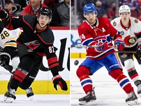 Carolina Hurricanes forward Jesper Kotkaniemi, left, and Nick Suzuki of the Montreal Canadiens, right, are the most expensive current NHLers on Cameo.