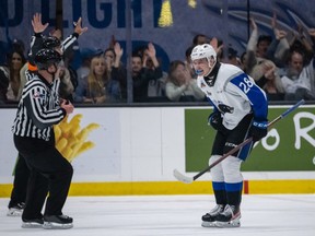 William Dufour (28) of the Saint John Sea Dogs reacts during the third period against the Shawinigan Cataractes at the 2022 Memorial Cup on June 25, 2022,  at the Harbour Station in Saint John, NB.