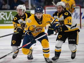 Shawinigan Cataractes forward Xavier Bourgault (No. 98) skates past Avery Hayes (No. 13) and George Diaco (No. 14) of the Hamilton Bulldogs in the semifinal of the 2022 Memorial Cup at Harbour Station arena in Saint John, NB on June 27, 2022.