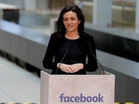 FILE PHOTO: Sheryl Sandberg, chief operating officer of Facebook, delivers a speech during a visit in Paris, France, January 17, 2017.