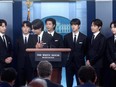 Members of the K-Pop band BTS (not in order) Kim Taehyung, Kim Seokjin, Jeon Jeongguk, Kim Namjoon, Park Jimin, Jung Hoseok and Min Yoon-gi makes statements against anti-Asian hate crimes and for inclusion and representation during the daily briefing at the White House in Washington, May 31, 2022.