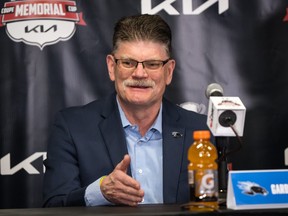 Saint John Sea Dogs head coach Gardiner MacDougall speaks during the coaches' press conference at the Memorial Cup in Saint John, N.B., on June 18, 2022.
