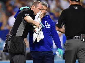 Home plate umpire Nate Tomlinson is helped by Los Angeles Dodgers trainer Nate Lucero after being hit by the bat of Los Angeles Angels centre fielder Mike Trout during the ninth inning at Dodger Stadium in Los Angeles, Calif., June 14, 2022.