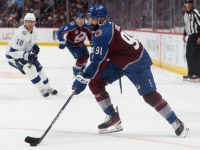Colorado Avalanche forward Nazem Kadri skates with the puck during Game 5 of the Stanley Cup final against the Tampa Bay Lightning.