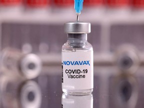 A vial labelled "Novavax V COVID-19 Vaccine" is seen in this illustration taken Jan. 16, 2022.
