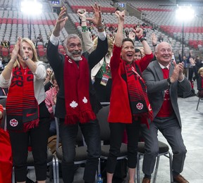 Vancouver was announced as the host city for the 2026 FIFA World Cup on Thursday, June 16, 2022 during a live viewing event at BC Place Stadium.  Pictured (left to right) Vancouver City Councilor Rebecca Bligh, PAVCO CEO Ken Cretney, Minister of Tourism, Arts, Culture and Sport Melanie Mark and Deputy Premier and Minister of Public Safety and Solicitor General Mike Farnworth celebrating the announcement.