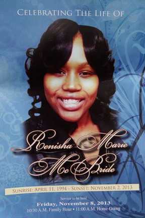The front cover of a funeral service program for 19-year-old Renisha McBride at House of Prayer and Praise Cathedral in Detroit on Friday, Nov. 8, 2013.