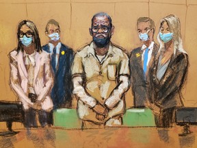 R. Kelly stands with his lawyers Jennifer Bonjean and Ashley Cohen during his sentencing hearing for federal sex trafficking at the Brooklyn Federal Courthouse in Brooklyn, N.Y., June 29, 2022 in this courtroom sketch.