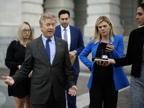 Sen. Rand Paul (R-KY) talks with journalists as he leaves the U.S. Capitol after delivering a speech about the Bipartisan Safer Communities Act on the Senate floor in Washington, D.C., Thursday, June 23, 2022.