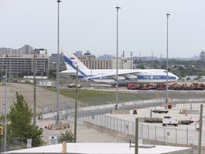 The Russian-registered Antonov An-124, that is operated by cargo carrier Volga-Dnepr Airlines, has been parked at Pearson since Feb. 27, 2022.