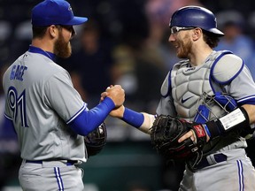 Making his Major League debut, pitcher Matt Gage is congratulated by catcher Danny Jansen after the Toronto Blue Jays defeated the Kansas City Royals 8-0 at Kauffman Stadium on June 6, 2022 in Kansas City, Missouri. Jansen will be out of the Toronto lineup for weeks after suffering a hand injury.