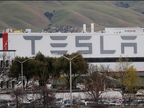 The view of Tesla Inc's U.S. vehicle factory in Fremont, Calif., March 18, 2020.