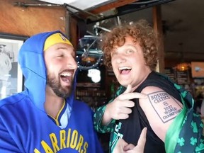 Jack Bienvenue (right) has a tattoo that reads “Boston Celtics 2022 World Champions” despite the team not winning the NBA title.