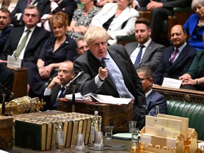British Prime Minister Boris Johnson speaks during Prime Minister's Questions in the House of Commons, London, Wednesday, June 15, 2022.